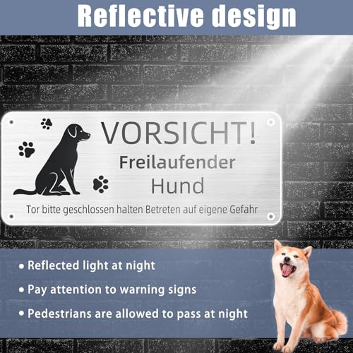 Vorsicht Freilaufender Hund, 25x10cm Achtung Schild, Betreten Auf Eigene Gefahr, Warnung Vor Dem Hund, Aluminium Mit Selbstklebend Und Vorgebohrten Löchern (1)