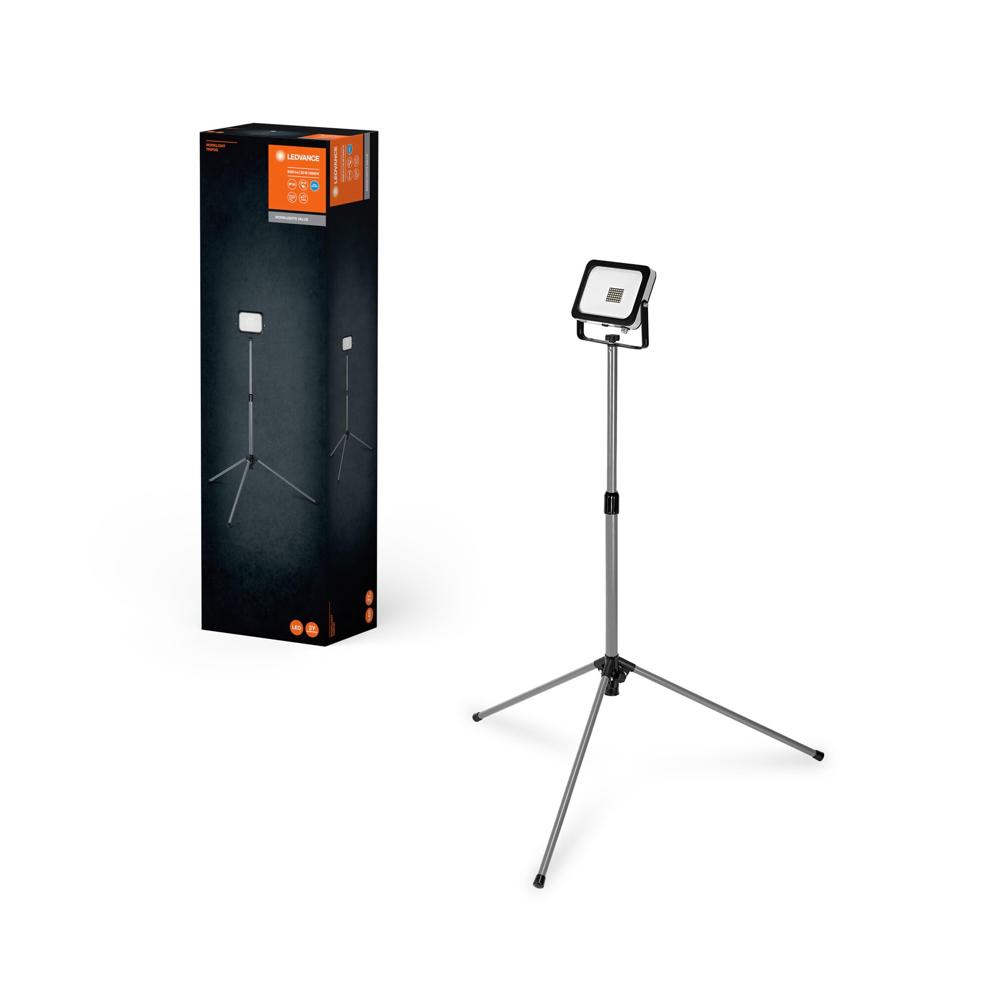 LEDVANCE Lampada da lavoro LED portatile per applicazioni esterne, Worklight Value con treppiede pieghevole e 1x 30W faretto, bianco diurno (6500K), grigio scuro, 1 pezzo