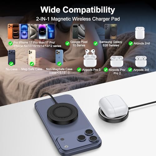 Image of for iPhone 17e Mag-Safe Charger 2 Pack 15W Magnetic Wireless Charger Fast Charging Pad for iPhone 17 16 15 14 13 12&Airpods Pro 4 3,15W Wireless Charger Android USB-C /A for Google Pixel 10a Galaxy S26
