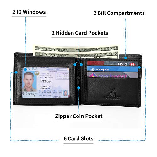CALFART RFID Slim Front Pocket Wallets For Men - Genuine Leather Credit Card Mens Bifold Wallet With 2 ID Windows Zipper Coin Stylish Passcase - Image 3