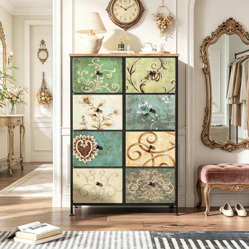 SUNFECILI Cómoda con almacenaje, cómoda para Dormitorio, Elegante diseño Vintage, para Dormitorio, Sala de Estar y Oficina (8 cajones)