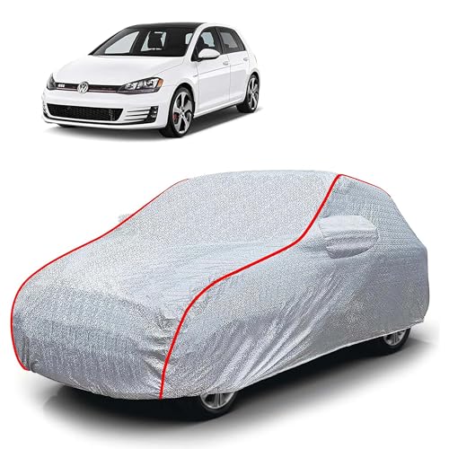 Image of Sulfar 100% Waterproof Car Body Cover Compatible with Mirror for Volkswagen GTI (Triple Stitched, Full Bottom Elastic, Magic Silver with Red Piping)