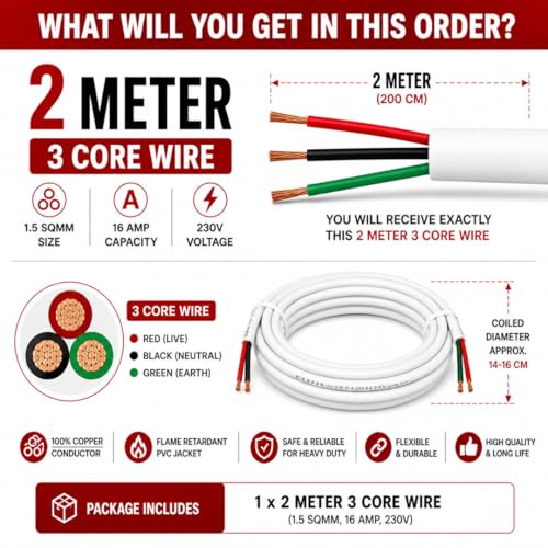 Image of Hi-Plasst 3 Core Wire 1.5 Sq Mm Round Pure Copper Cable 2 Meter | Heavy Duty Electrical Cable Wire for Extension Board