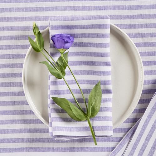 Image of Solino Home 100% Linen Napkins, 20 x 20 in, Violet, Amalfi Stripe, Set of 4 | elevate everyday dining and special gatherings, woven stripe, European flax fibres, machine washable, OEKO-TEX Certified