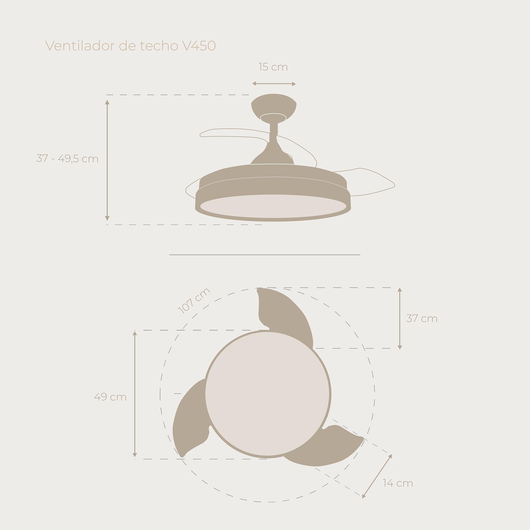 EVVO Ventilador de Techo con Aspas Rectráctiles y Luz, Ø107cm, 3 Aspas, Motor DC 40W, 6 Velocidades, Temporizador hasta 4h, Función Invierno-Verano (Modelo: V450 Invisible White)