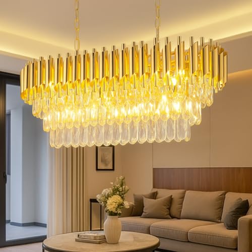 Image of TRIXY Chandeliers Lights for Ceiling Rectangular Crystal Pendant Light Lamp | 3 Tier, K9 Crystal 600x300mm Elegant Jhoomar Lamp Fixture for Bedroom, Dining Room Modern Home Interior