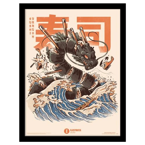 Poster encadré Sushi Dragon aux couleurs vibrantes noir orange bleu format compact 40x30cm