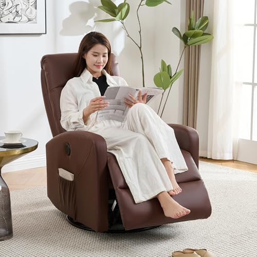 IKIFLY 電動リクライニングチェア1人掛け リクライニングソファ USBポート付き リクライニング ファブリック オットマン一体型 パーソナルチェアー 電動ソファ モーションソファー 耐圧分散 人暮らし 165度無段階調節 270° 回転 揺ら揺ら 皮革 お手入れ簡単 耐荷重150kg (ブラウン)