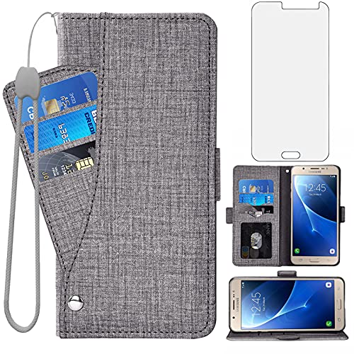 Asuwish Compatible with Samsung Galaxy J7 2016 Wallet Case Tempered Glass Screen Protector and Leather Flip Cover Card Holder Stand Cell Accessories Phone Cases for Glaxay J 7 J710 Women Men Boys Gray
