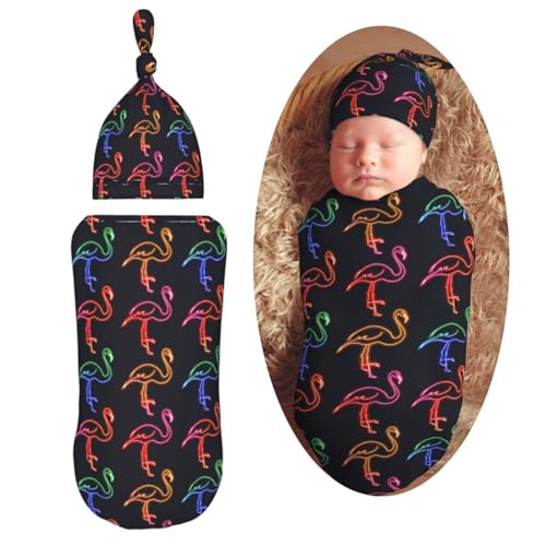 Image of Neon Flamingos Newborn Swaddle Blankets Hat Sets Soft Baby Receiving Blanket Swaddle Sack for Baby Shower Infant Boy Girl Gift