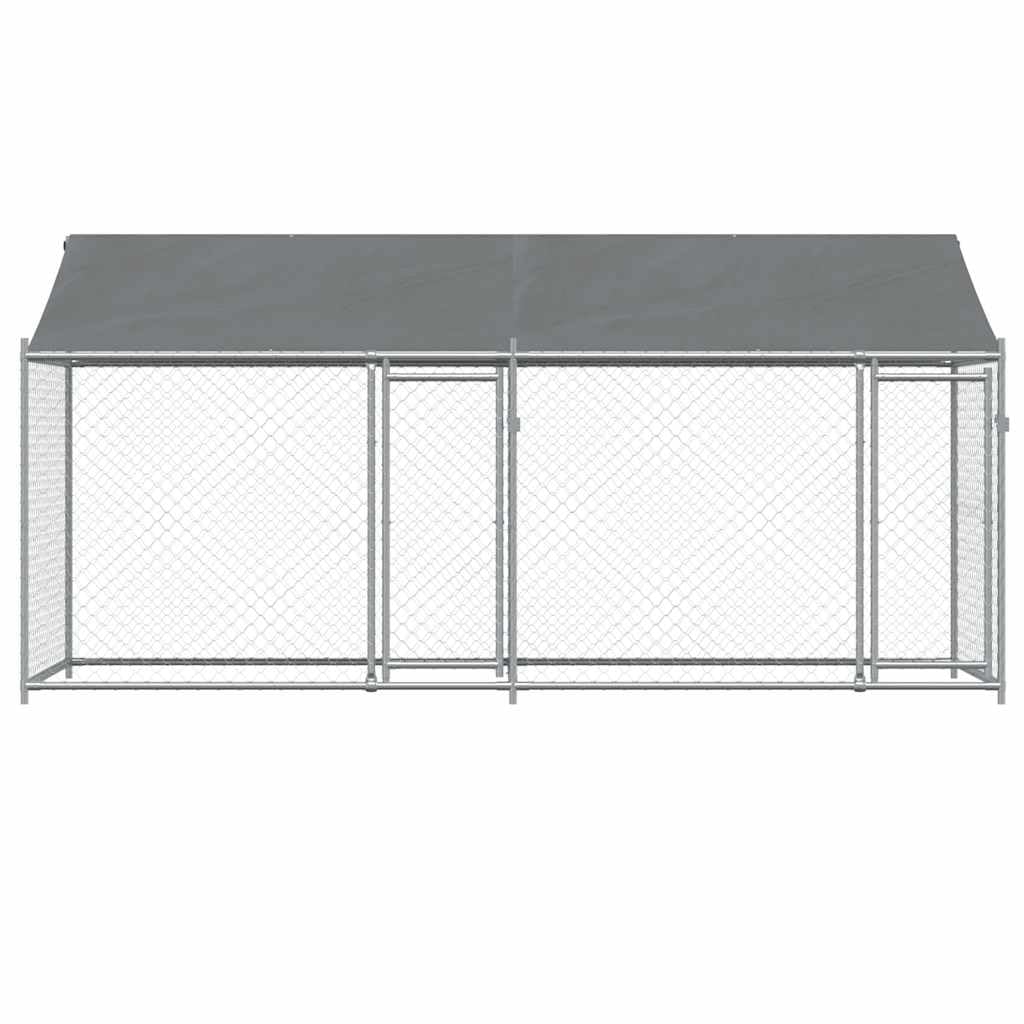 Perrera para perros de acero galvanizado 4 x 2 x 2 m con techo y puertas grises, para exteriores, para perros, cachorros, entrenamiento, protección y seguridad en el jardín o camping