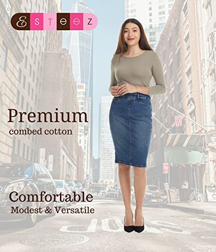 Image of ESTEEZ Women's 3 /4 Sleeve Wide Neck Layering T-Shirt - Modest Cotton Stretch Fitted Base Layer Top