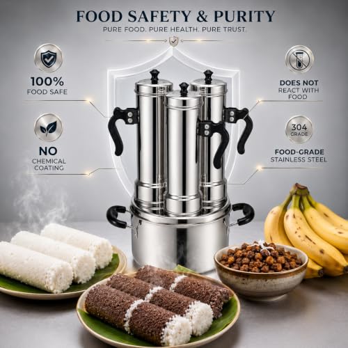 Image of Nakshathra Stainless Steel Puttu Maker with Steamer 3 Plus 1 Free Extra Big with Caps, Puttu Kudam with Bakelite Handle, Induction & Gas Compatible, Toxin Free