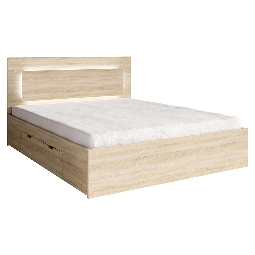 Lomadox Bett Bettgestell 180x200 cm in Eiche mit 2 Bettschubladen, Kopfteil mit LED-Beleuchtung
