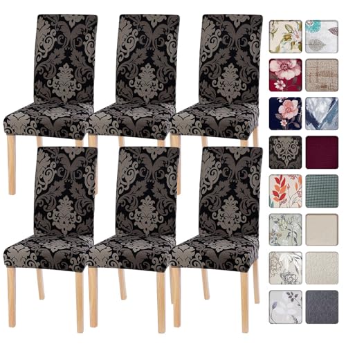 Image of SearchI Dining Room Chair Covers Slipcovers Set of 6, Spandex Super Fit Stretch Removable Washable Kitchen Parsons Chair Covers Protector for Dining Room,Hotel,Ceremony,Black /Brown