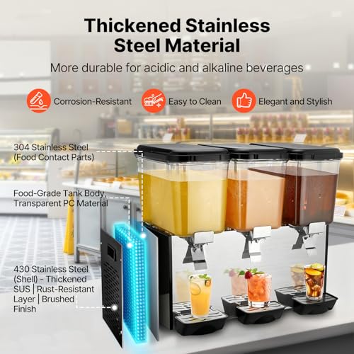 Image of VEVOR Commercial Beverage Dispenser, 3 Tanks Juice Dispenser, 18 L / 19 QT Per Tank, 512W Stainless Steel Ice Tea Drink Machine with 45℉ to 54℉ Cooling Temp, for Cold Drink Restaurant Bar Party