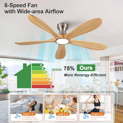Image of 52 Inch Flush Mount Ceiling Fans with Lights and Remote, Dimmable 5 Blade Wood Outdoor Ceiling Fan Outdoor Fans for Patios Low Profile Modern Ceiling Fan with Light for Bedroom Living Room