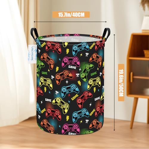 Image of Round Laundry Basket Collapsible Storage Hamper Organizer Game | Waterproof Canvas Foldable Baskets with sturdy Handles Multi-scene Organizer for Home Play Bedroom Gift Bin