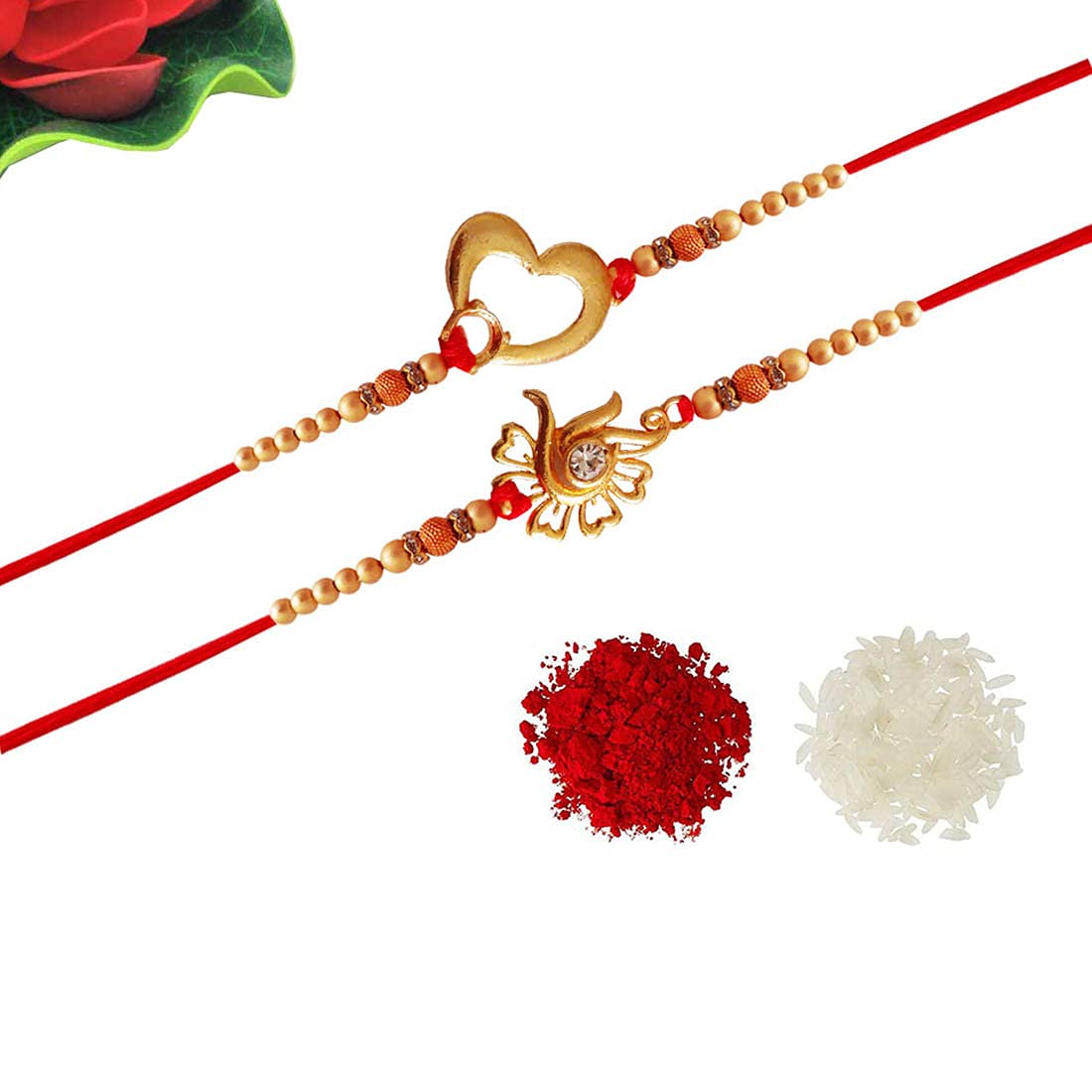 RICH AND FAMOUS Rakhi Combo Of 2 Heart Shape And American Diamond Studed Floral Shape Handmade Rakhi With Roli Chawal
