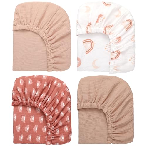 Image of Mindsoft 4 Pack 52''x28'' Boho Muslin Crib Sheets Neutral Soft and Breathable Cotton Baby Sheets for Girl Boy Standard Fitted Crib Mattress(Rainbow & Sun)