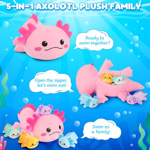 Image of 5 PCS Axolotl Plush Stuffed Animal Family-Axolotl Plush Toys 18.6 inch Large Pink Axolotl Mommy Plushies with 4 Baby Plushie Toy for Kids, Kawaii Body Pillow Christmas Birthday Gifts for Kids Boys Girls