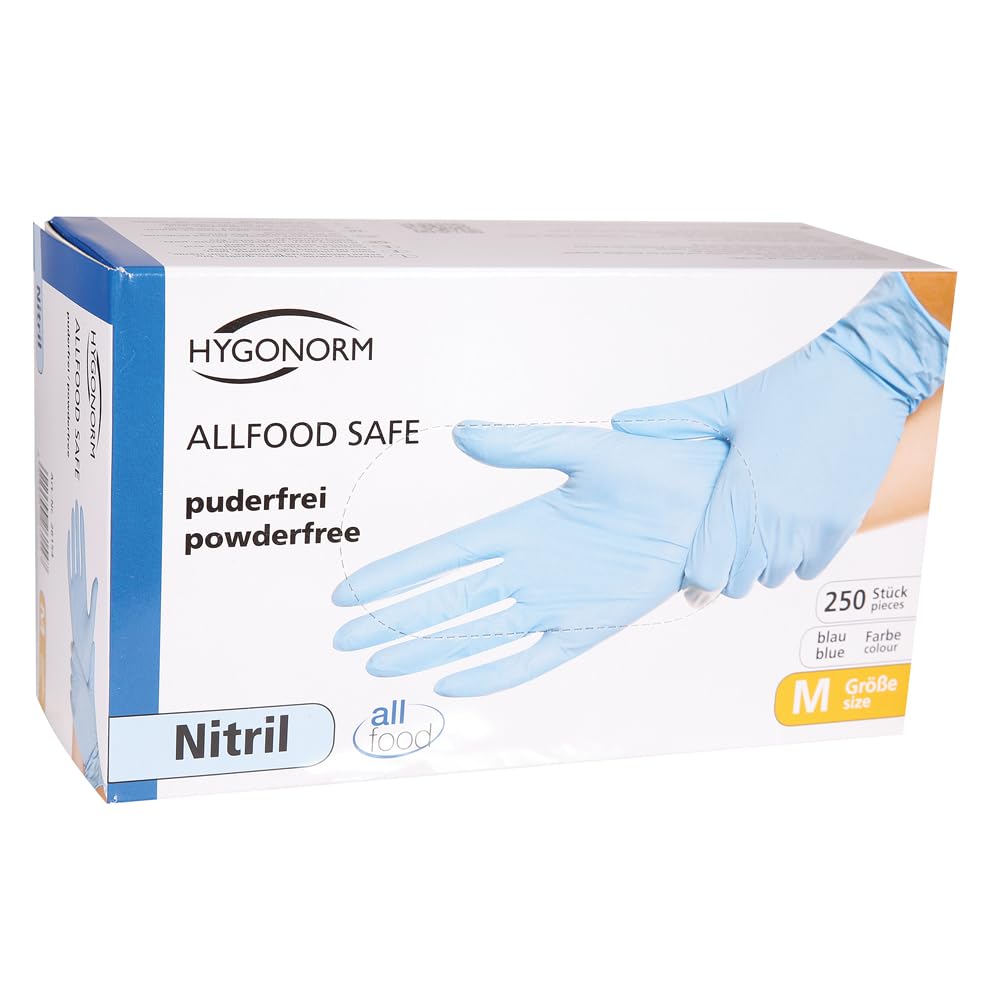 Hygonorm rękawice nitrylowe Allfood Safe, niebieskie, rozmiar 8/M | bez talku, 2500 sztuk, jednorazowe rękawiczki jednorazowe