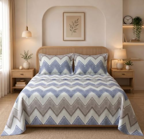 Image of HOMEKART Glace Cotton 160 TC Football Zigzag Double Bedsheet with 2 King Size Pillow Covers | Soft & Durable | 86 x 88Inches (Sky Blue & Grey)