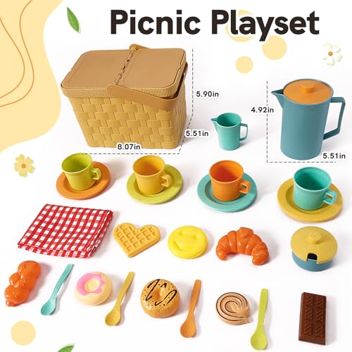 HERSITY Picknickkorb Kinder Teeservice Spielküche, Picknick Kinder Set mit Decke, Tee Set mit Dessert Spielzeug Outdoor, Geschenk für Jungen Mädchen 3 4 5 Jahre