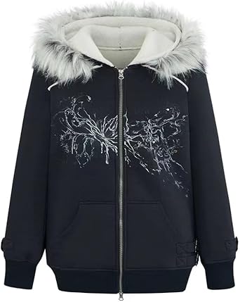 Y2k Hoodie Zip Up Fur Collar Retro Hooded Sweatshirt Grunge 