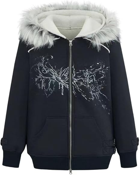 Y2k Hoodie Zip Up Fur Collar Retro Hooded Sweatshirt Grunge 