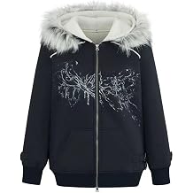 Y2k Hoodie Zip Up Fur Collar Retro Hooded Sweatshirt Grunge Graphic Jacket Top Gothic Goth Emo Outfit Punk Cloth
