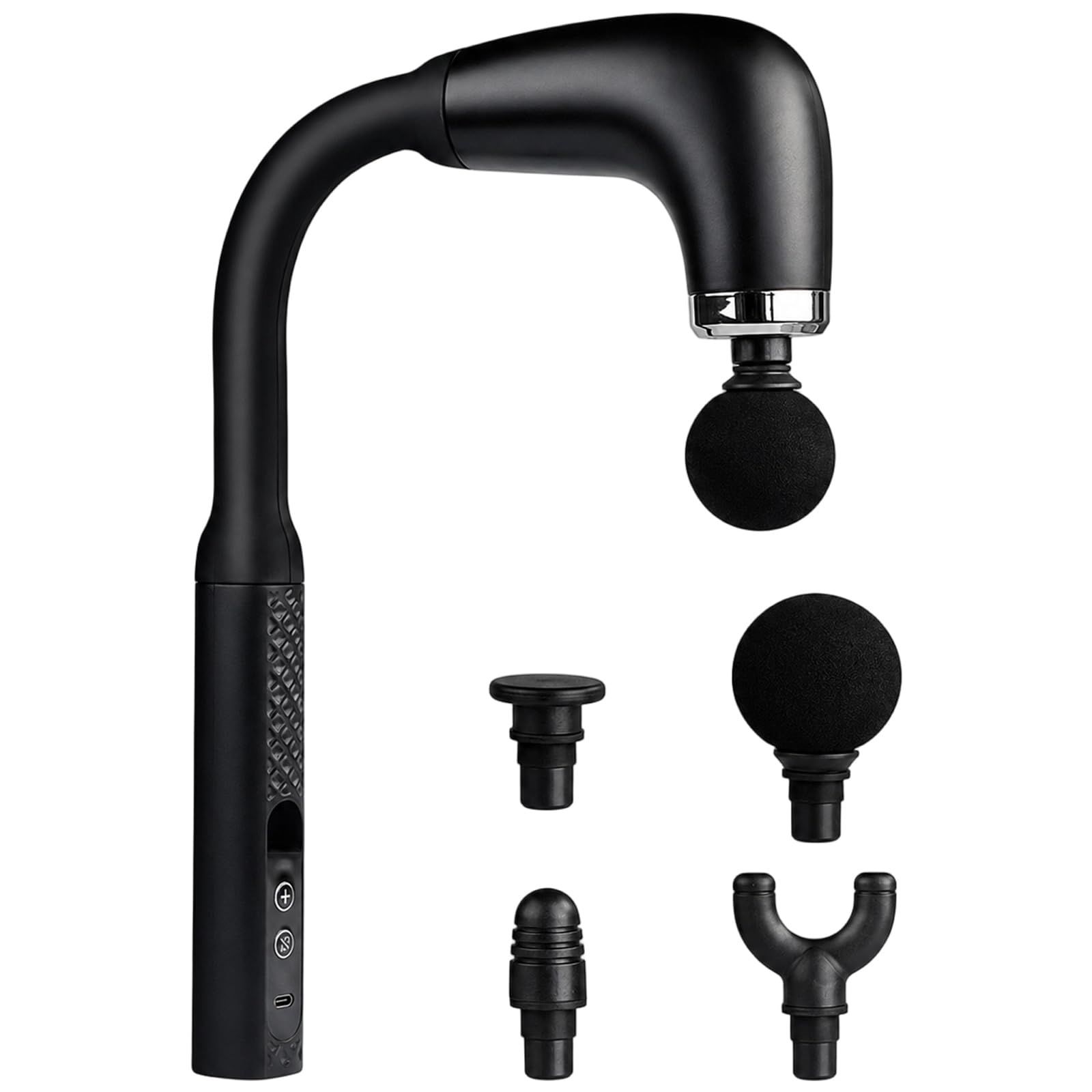 Massagegerät für den Rücken, langes Griffdesign mit ergonomisch gebogener Form, 4 austauschbare Aufsätze, elektrisches Perkussionsgerät für Nacken, Beine und Muskelkomfort am ganzen Körper