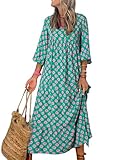 Dokotoo Spring Maxi Dress for Women V Neck Floral Boho Dresses Long Puff Sleeve Sun Dress Ruffle A Line Flowy Casual Dresses Small Green