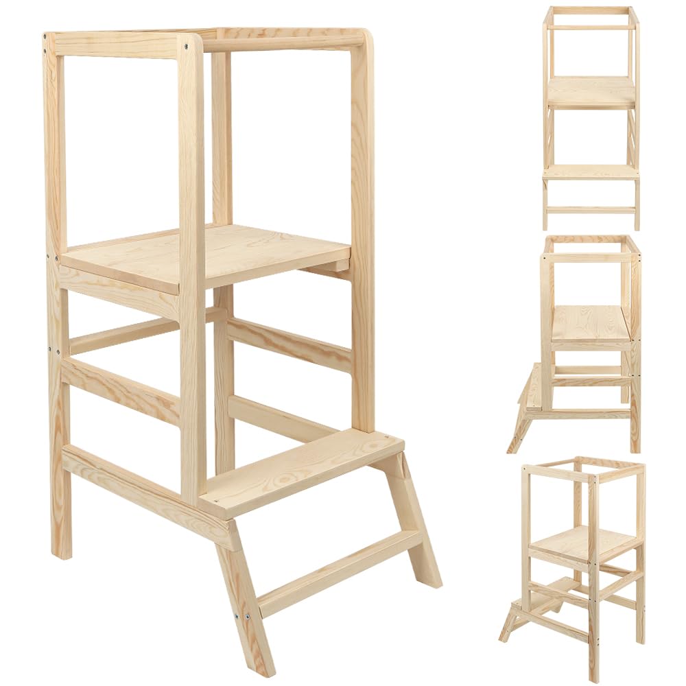 Montessori Lernturm aus Holz, platzsparend: Klappturm, Hocker für Kinder, faltbare Leiter für Kinder, mit Kippschutz, 90 x 52 x 39 cm, Originalfarbe