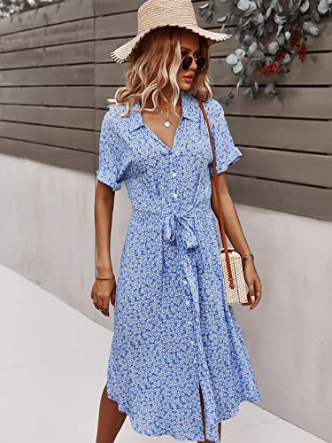Soly Hux Womens Summer Dress Casual Ditsy Floral Tie Front Button Up Boho Midi Tshirt Dresses Blue M thumb #3