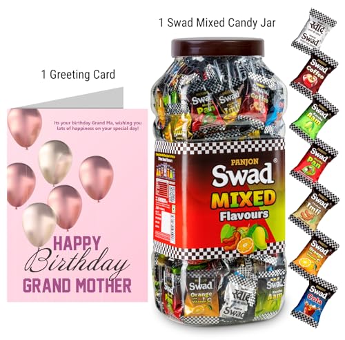 Image of Swad Happy Birthday Dadi Grand Mom Gift with Card (Swad Mixed Flavours Candy 200 Jar & 1 Greeting card) 2 units
