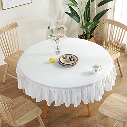 AIHIKONG テーブルクロス テーブルカバー フリル付き 長方形 正方形 コットンリネン生地 田園風 インテリア用品 多用途 サイズ選択可能 (ホワイト, 直径180cm)