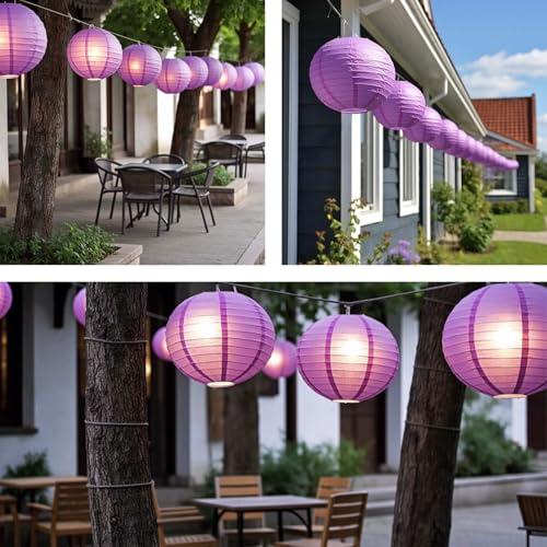 Image of Purple Chinese Paper Lanterns with LED Lights, 10-Pack 10inch | Hanging Lights for Mardi Gras, Graduation, Birthday Decorations, Ceiling Decor, Home Party & Baby Shower