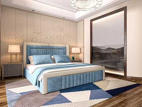 Image of Acacia Modern Upholstered Queen Size Bed with Box Storage for Bedroom | Wooden Double Bed with Storage | Platform Cot Bed with Upholstery Premium Fabric | 6.5 x 5 Ft, Sheesham Wood, Light Steel Blue