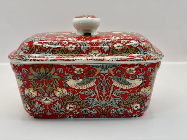 fine Bone China William Morris Red Strawberry Thief Butter Dish with lid — image 1