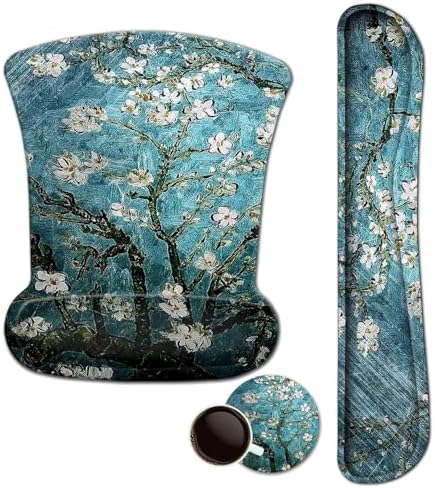 Mouse Pad with Wrist Support and Keyboard Wrist Rest Pad Set,Ergonomic Mouse Pads for Computers Laptop,NonSlip Comfortable Mousepad w/Raised Memory Foam for Easy Typing Pain Relief (Van Gogh Painting)