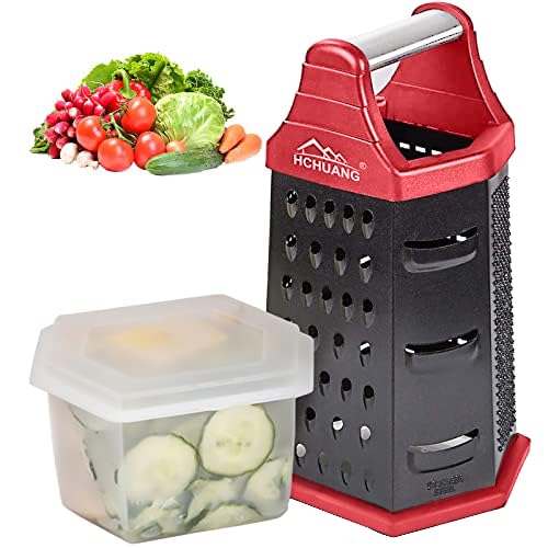 Hchuang Kitchen Grater -Hchuang Nonstick Coating Stainless Steel With 6 Sides-Box Grader Handheld,Food Graters For Cheese, Vegetables, Ginger,Fruit Slices,Detachable Storage Container With Lid For Kitchen Red cover