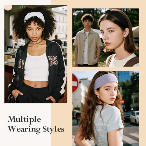 Image of HSEM Headbands for Women, Wide Elastic Head Bands, Non-Slip Thick Hair Bands, Sports Stretchy Sweat Bands, Large Knotted Soft Headband for Washing Face, Makeup, Workout, Spa, Two Black /White /Gray