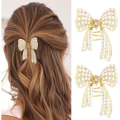 CAKURE Gold Bow Claw Clip Pearl Bow Hair Clip Cute Hair Catch Barrettes Styling Hair Accessories for Women and Girls (Pack of 2) Cover