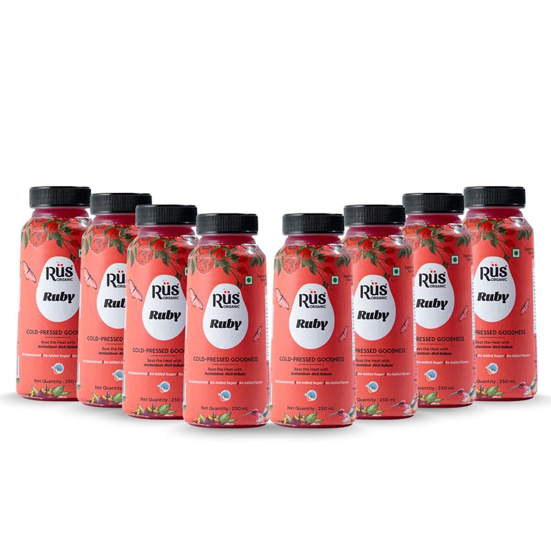 Image of Rus Organic Ruby Juice | Pomegranate Fruit + Kokum Juice Without Sugar | Pack of 8 (250ml Each) | Natural, No Added Preservative | Cold Pressed | Immunity Support
