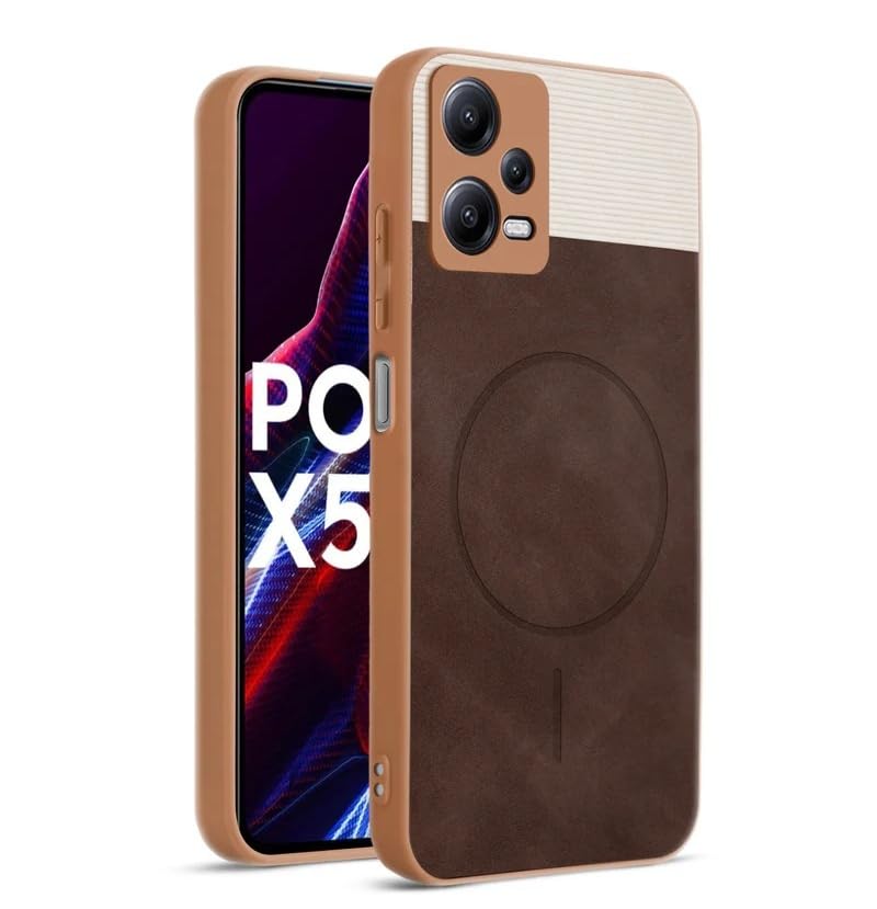 Image of Bintage CASE Mac Safe Design Hard Light Weight Back Case | Soft Border Camera Protect | Dual PU Leather Finish Back Cover Compatible for Poco X5 5G - White & Cherry Brown