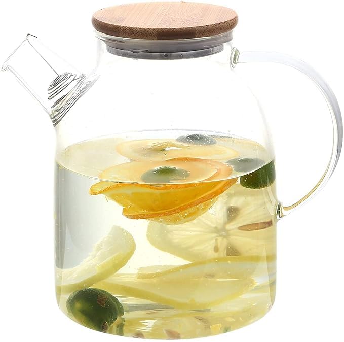 Image of Glass Jug with Lid Ice Tea Water Jug Hot Water Ice Tea Drinking Beverage Jug, Water Jug Glass Material with Wooden Lid, 1.8 Liter (TRANSPERENT)