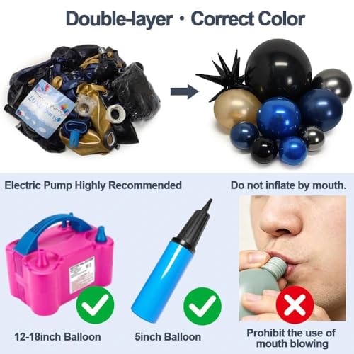 Image of Navy Blue Black Gold Balloon Arch Kit - Double Stuffed Dark Royal Blue Matte Black Balloon Garland with Metallic Gold for 2026 Graduation Men's Birthday Anniversary Wedding Prom Decoration