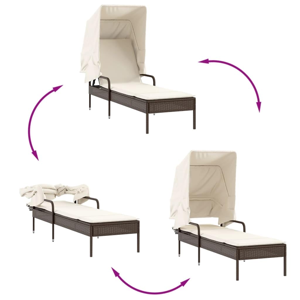 Lettino prendisole con tettuccio marrone, in polyrattan, regolabile, con imbottitura e braccioli, resistente alle intemperie, per terrazza, balcone, piscina, pieghevole e salvaspazio, sdraio