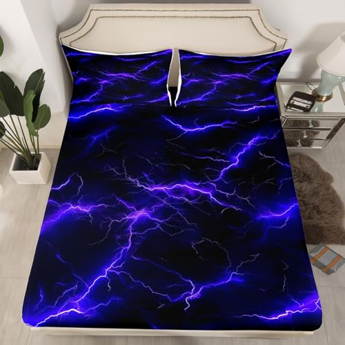 Green Lightning Fitted Sheet Twin 2 Pcs,Thunder Lightning Weather Theme Sheets Sets Breathable Bedding(No Top Sheet),Boys Teens Men Neon Glowing Bed Sheet with Deep Pocket